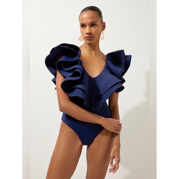 Karen Millen Other - Karen Millen Drama Frill Swimsuit Navy One Piece Ruffle Luxury Swimwear Size M